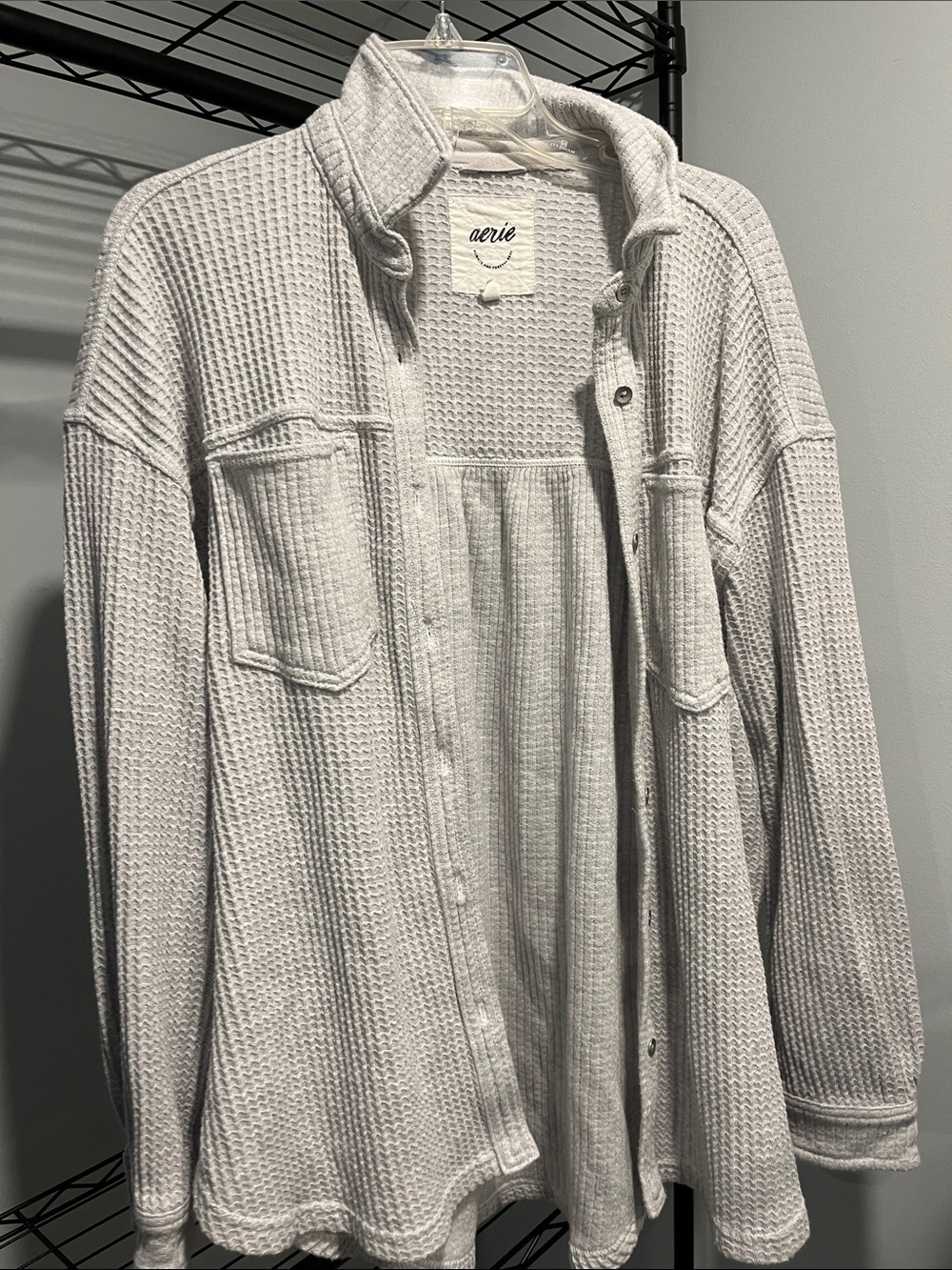 aerie Light Gray Waffle-Knit Button-Up Shirt Jacket